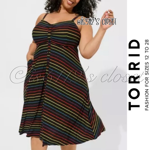 torrid Dresses & Skirts - Torrid Black Rainbow Stripe Super Soft Button-Front Midi Swing Dress 1X 14 16